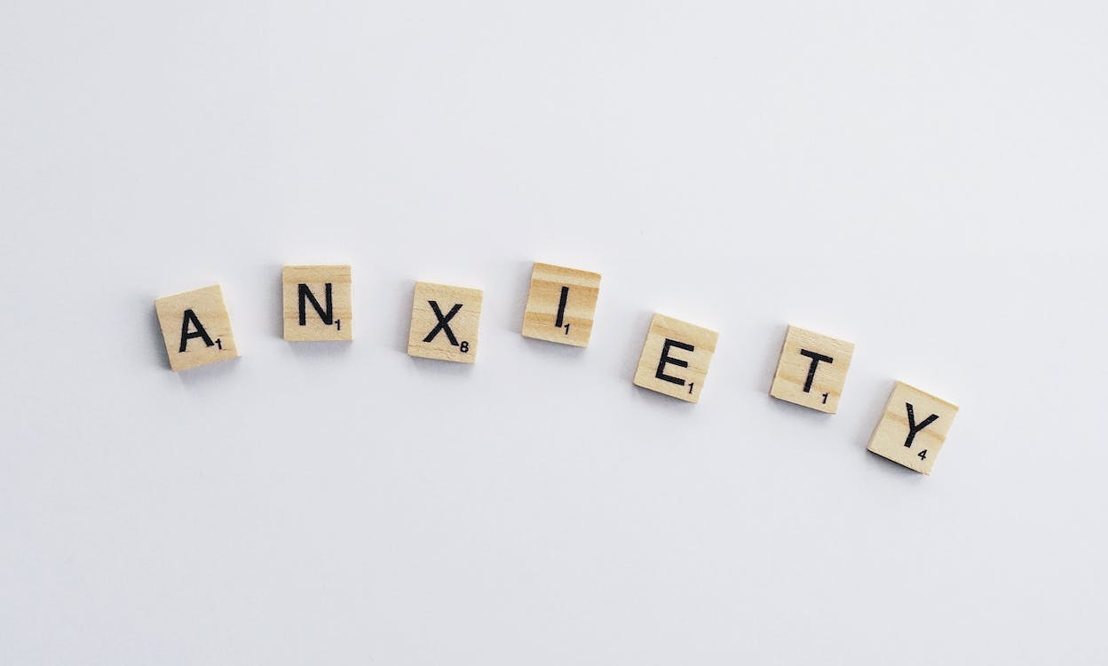  The word "anxiety" spelled with scrabble tiles.